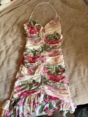 Miss Avenue Floral Ruched White Dress with Pink and Green Print